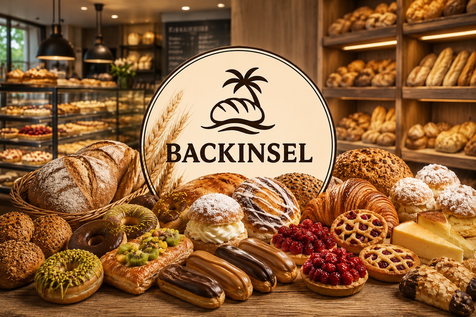 Backinsel Auswahl mit Logo, Broten und süßem Gebäck
